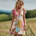 Women's Vintage Floral Patch Art Linen Comfy Midi Dress artswardrobe