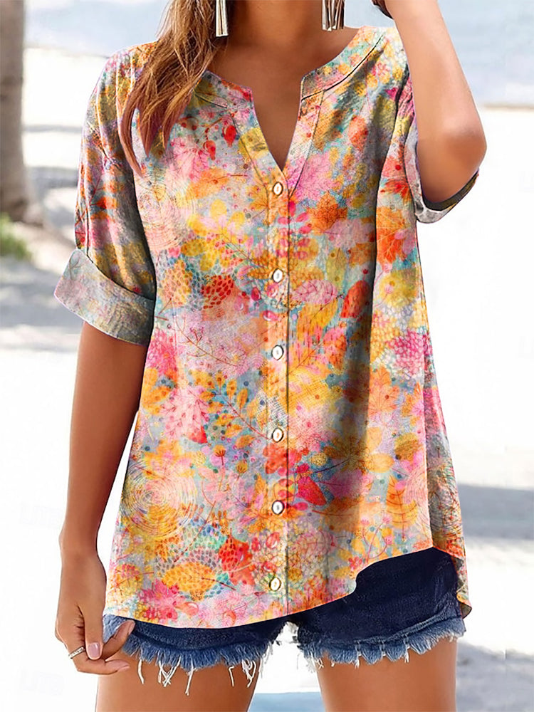 Women's Vintage Floral Art Print Casual Cotton And Linen Shirt