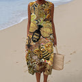 Women's Beaded Flower Bee Art Print Crew Neck Tank Midi Dress artswardrobe