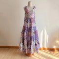 Women's Purple Floral Patchwork Art Cotton And Linen Dress artswardrobe