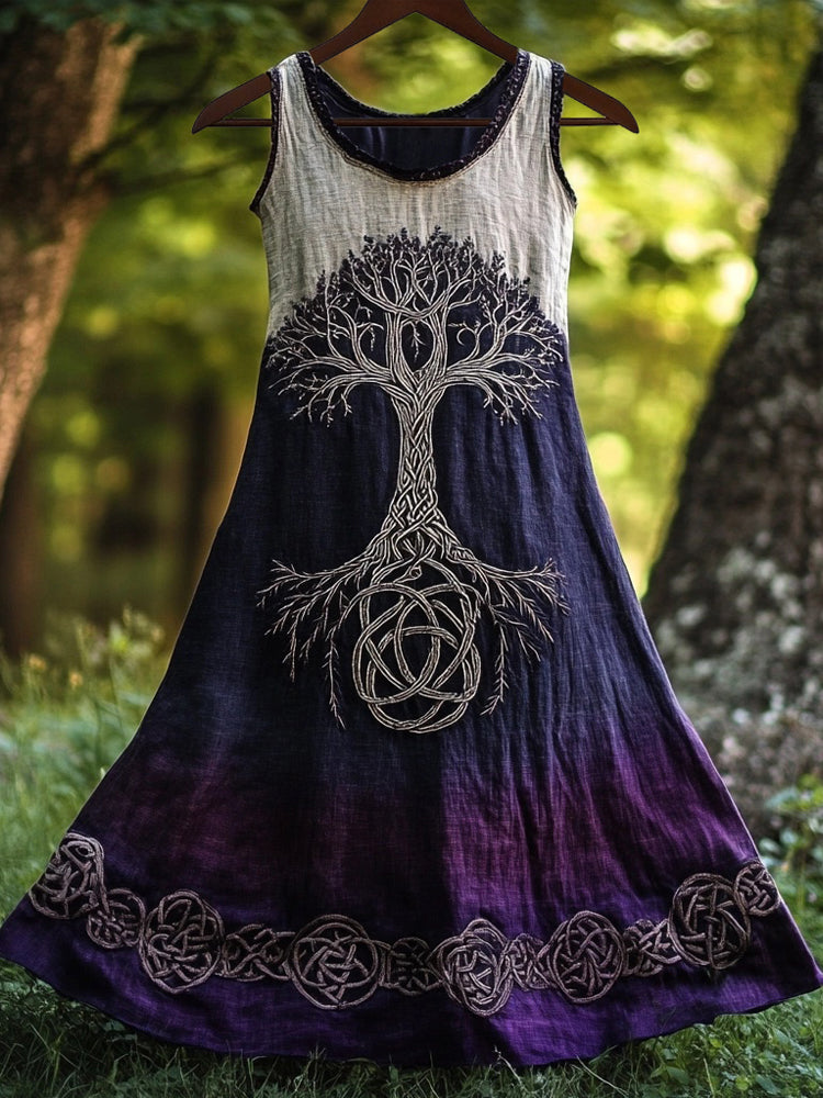 Vintage Tree Of Life Embroidered Gradient Linen Maxi Dress artswardrobe