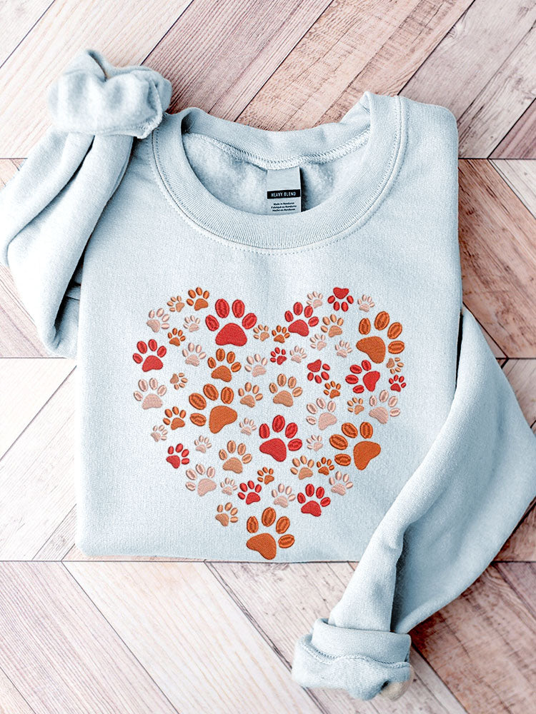 Embroidery Paws Hearts Pattern Casual Sweatshirt elevenforest