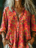 Women's Bohemian Ethnic Art Print Casual Cotton Linen Shirt