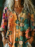 Women's Vintage Floral Print Casual Cotton And Linen Shirt