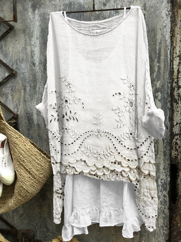 Comstylish Cottage Floral Embroidered Lace Hem Linen Blend Tunic
