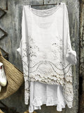 Comstylish Cottage Floral Embroidered Lace Hem Linen Blend Tunic
