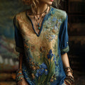 Iris And Sunflower Gradient Oil Painting V-neck Shirt artswardrobe
