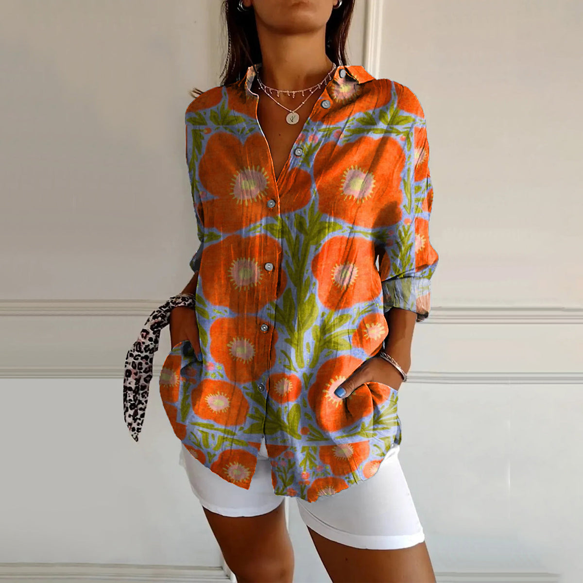 Women's Floral Pattern Art Print Casual Cotton Shirt