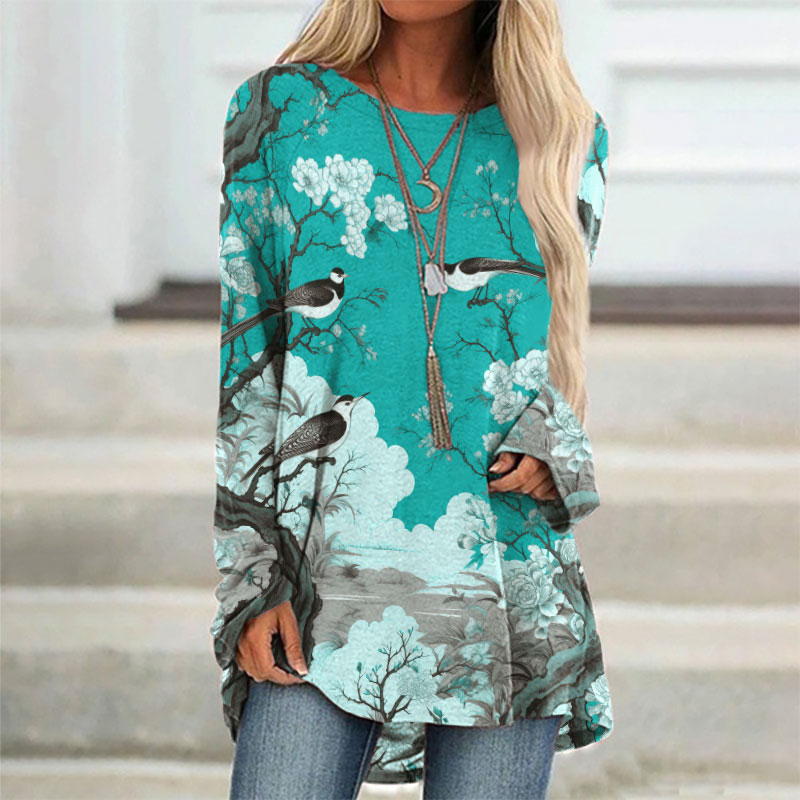Comstylish Japanese Flower And Bird Painting Art Print Long Sleeved Tunic