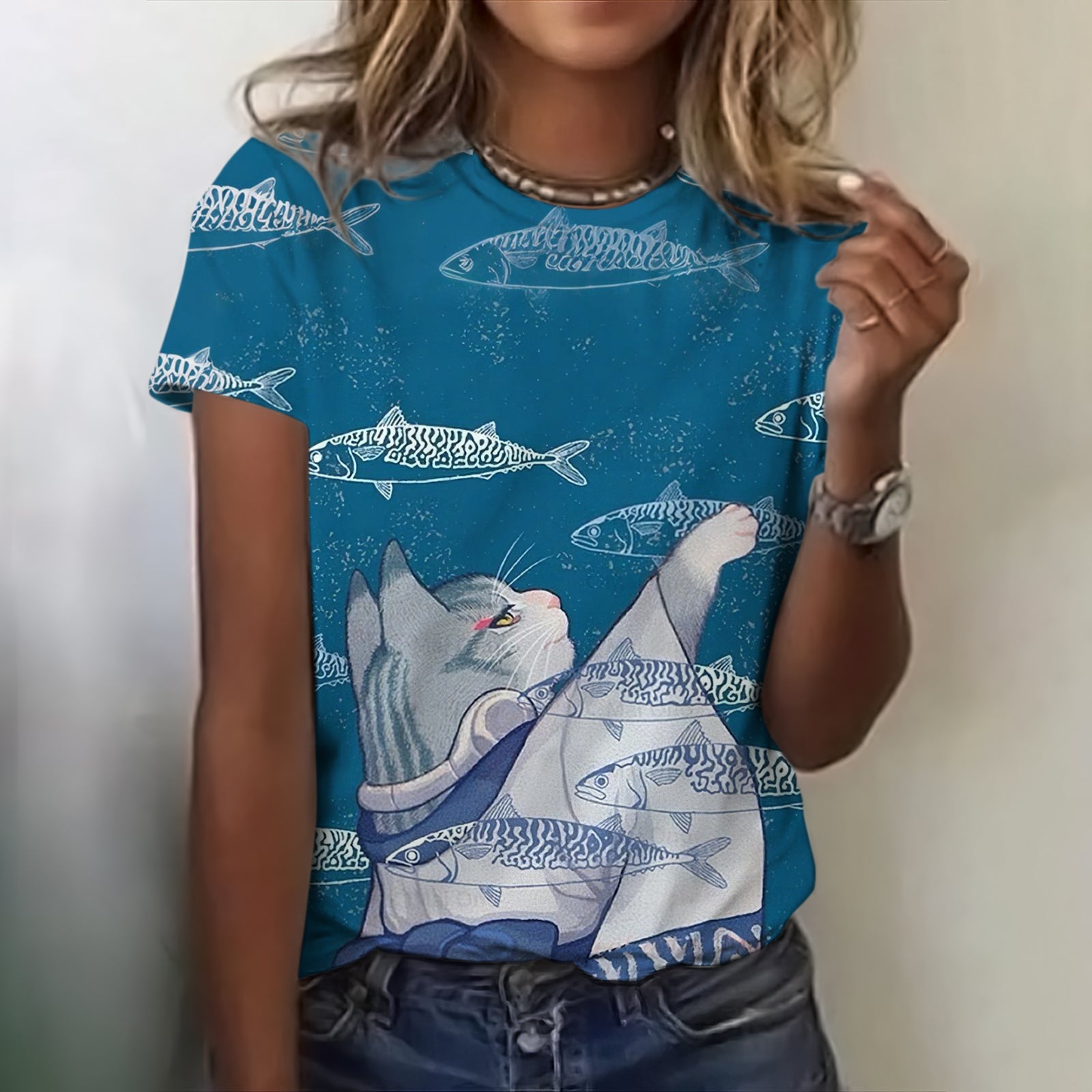 Comstylish Funny Fish And Cat Wearing Kimono T-shirt