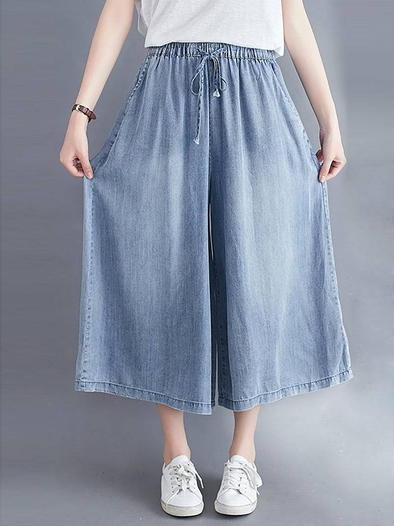Washed Drawstring Wide-leg Denim Pants