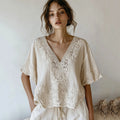 Vintage Floral Lace Embroidered Comfy V Neck Shirt artswardrobe