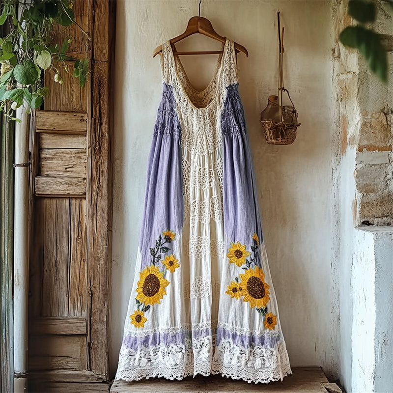 Boho Sunflowers Embroidered Gradient Lace Patchwork Linen Dress artswardrobe
