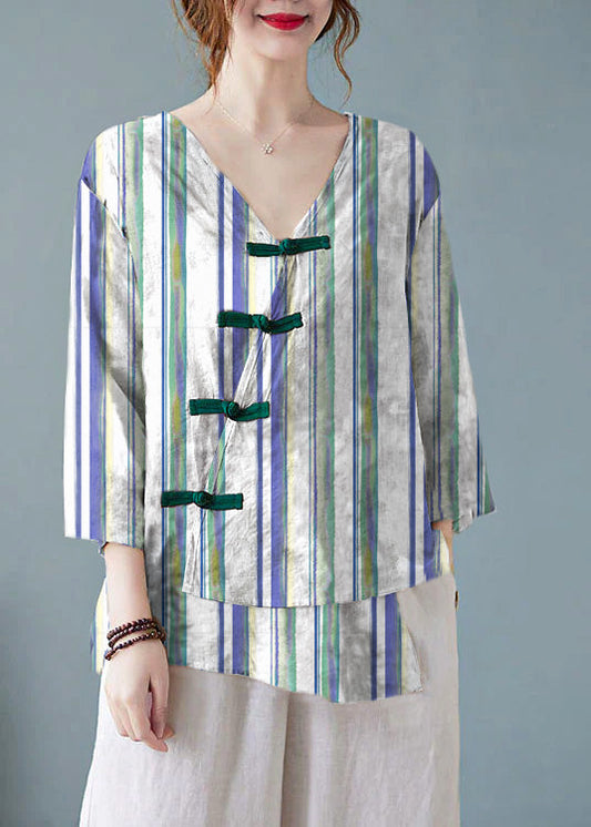 Blue Stripes V Neck Print Shirts Half Sleeve