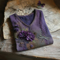 Vintage Boho Dragonfly Floral Embroidery Women's V-neck Linen T-shirt artswardrobe