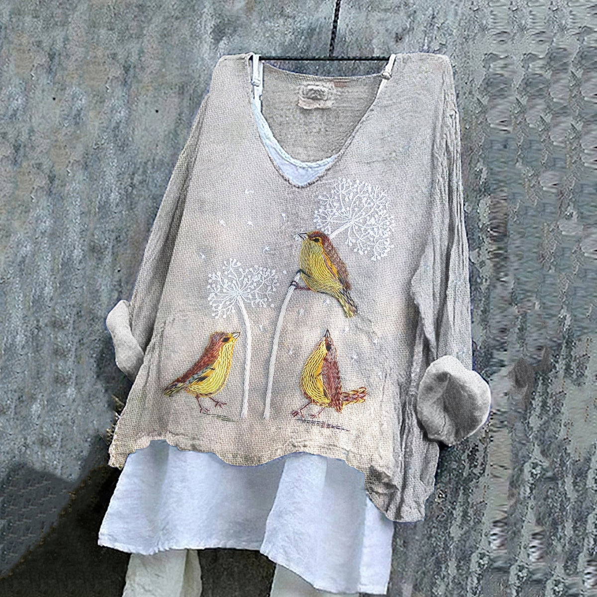 Women's Dandelions And Birds Art  Loose V-neck Shirt artswardrobe
