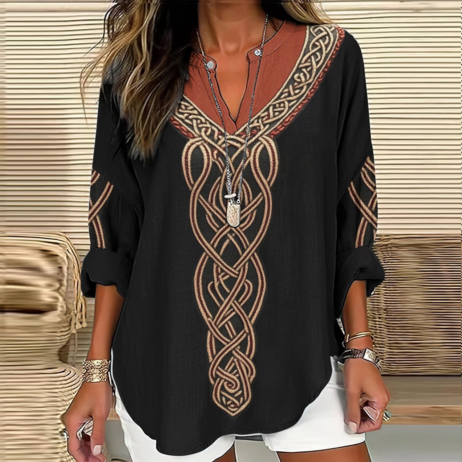 Comstylish Women's Viking Celtic Knot Art Linen Print Casual Shirt