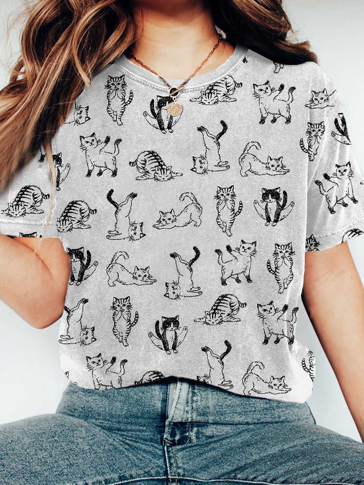 Comstylish Cute Yoga Cats Art Vintage Washed T Shirt