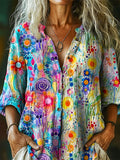 Women's Watercolor Floral Art Pattern Print Casual Cotton Linen Shirt