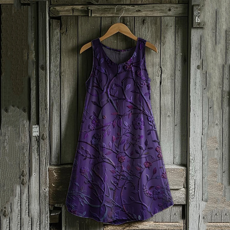 Women's Fashion Casual Retro Purple Floral Art Dress