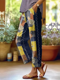 Women's Retro Geometric Floral  Patchwork Art Cotton And Linen Casual Pants artswardrobe