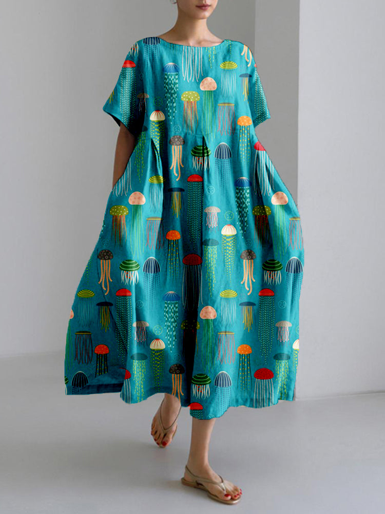 Comstylish Colorful Jellyfish Art Pattern Linen Blend Maxi Dress