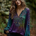 Comstylish Women's Vintage Viking Celtic Knot Tree Of Life Art Gradient Pattern V-neck Shirt