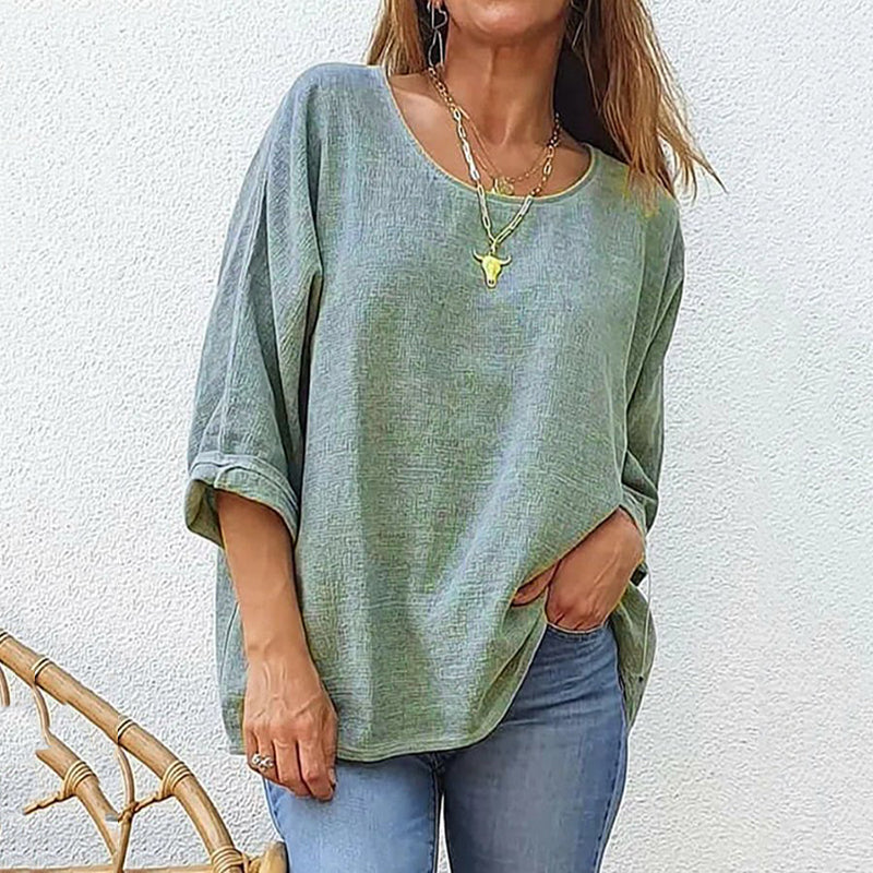 Women's Cotton And Linen Casual Loose Round Neck Long Sleeve T-shirt artswardrobe