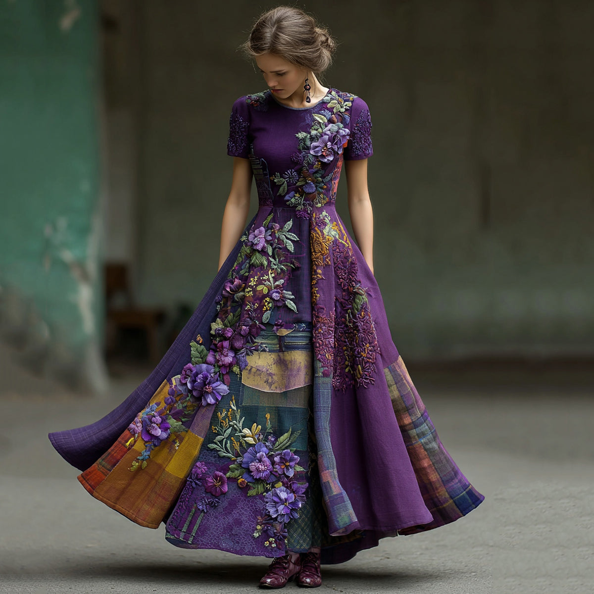 Vintage Embroidered Pansy Floral Patchwork Plaid Short Sleeve Maxi Dress artswardrobe