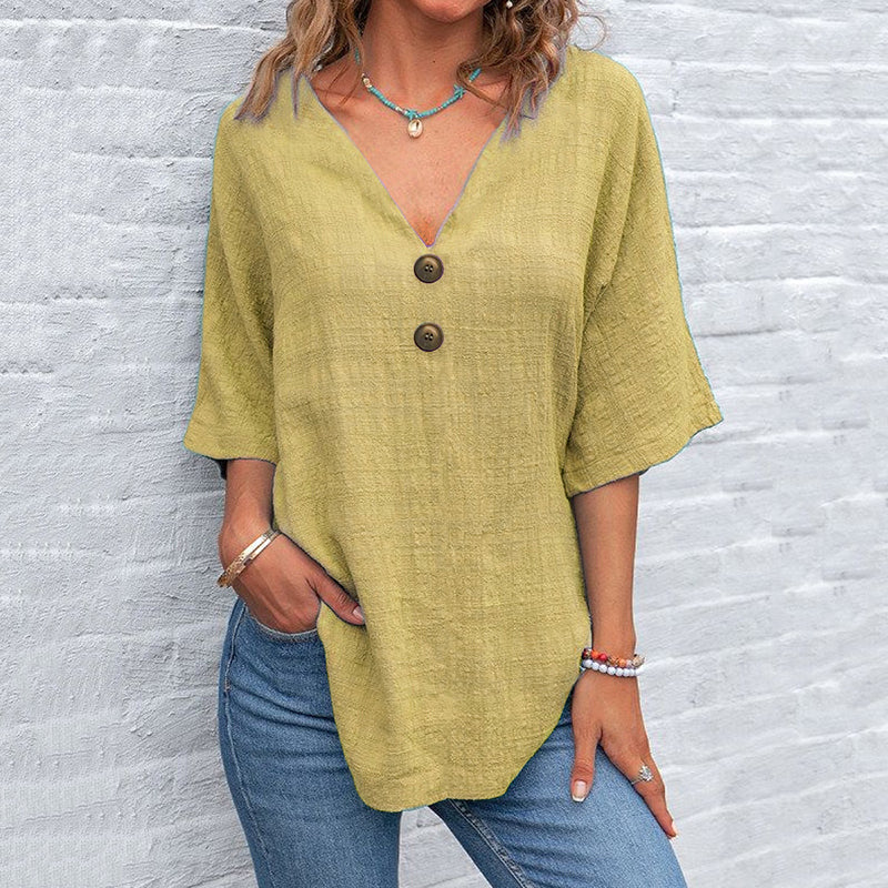 Women's Solid Color Button Linen V-neck T-shirt artswardrobe