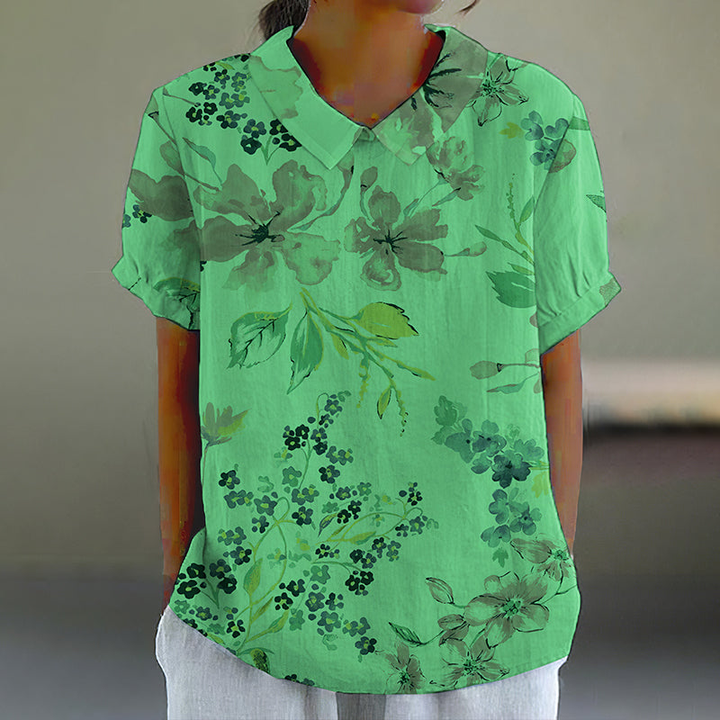 Comstylish Elegant Floral Art Print Casual Cotton Linen Shirt