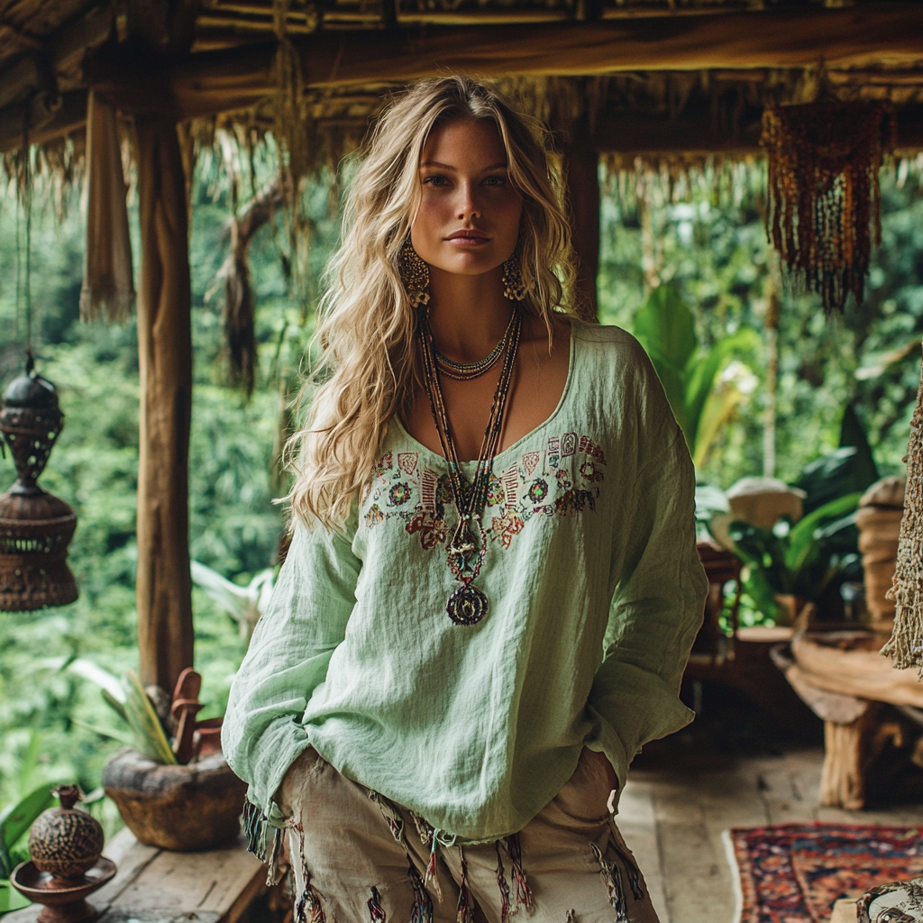 Comstylish Retro Bohemian Resort Art Embroidery Print Cotton And Linen Blend Loose Blouse