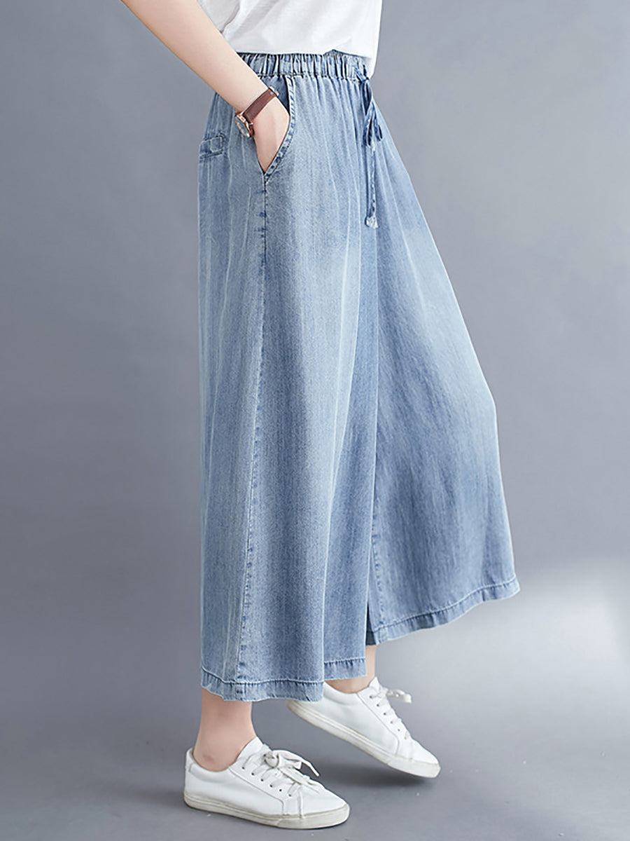 Washed Drawstring Wide-leg Denim Pants