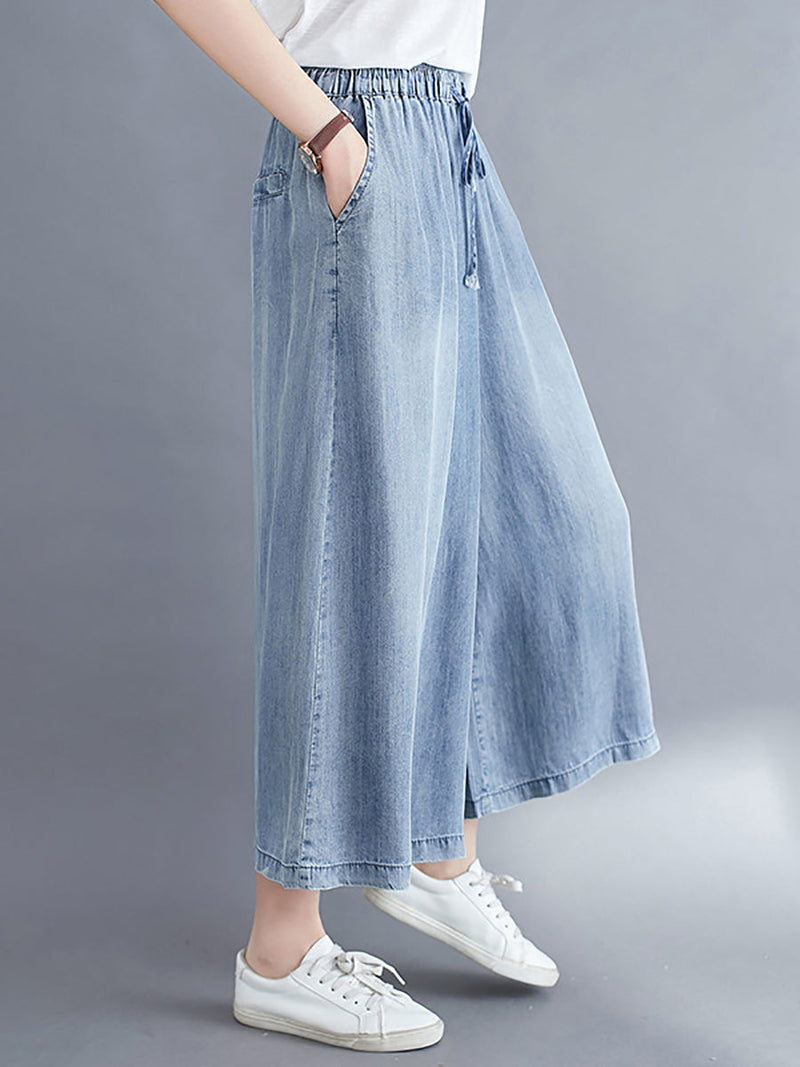 Washed Drawstring Wide-leg Denim Pants