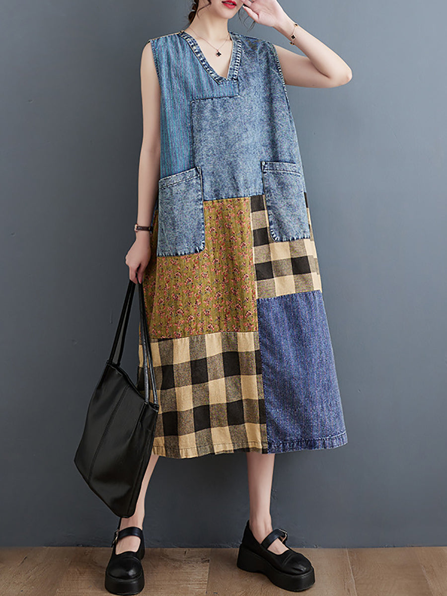 Summer Patch Spliced Pocket Denim Vest Dress