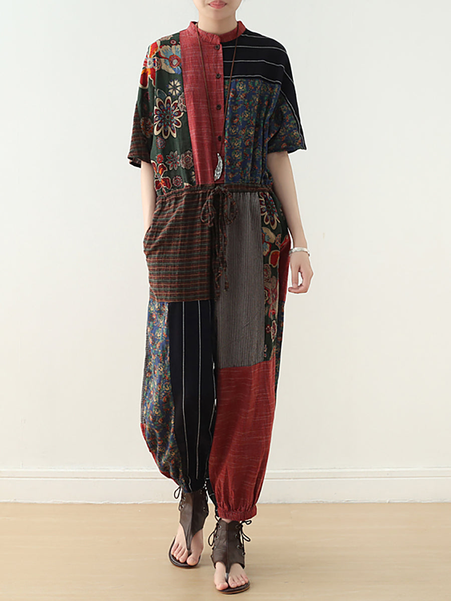 Summer Patchwock Drawstring Linen Jumpsuits