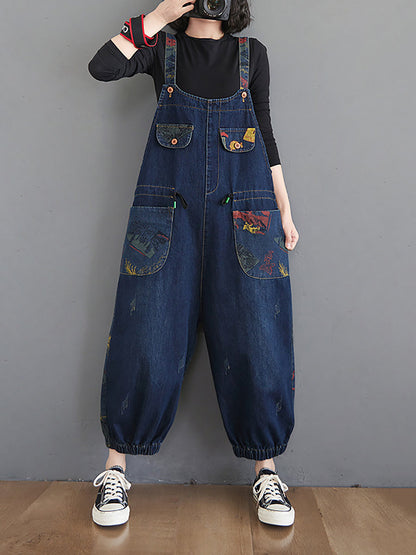 Retro Print Pocket Loose Spliced Denim Jumpsuits