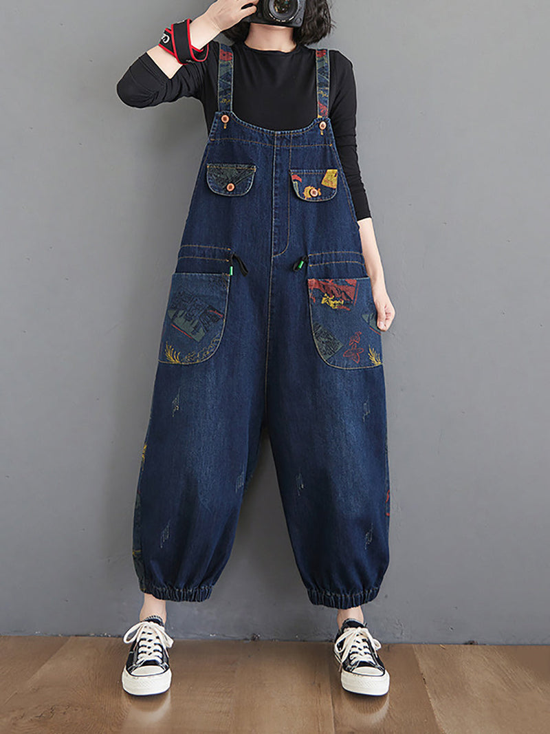 Retro Print Pocket Loose Spliced Denim Jumpsuits