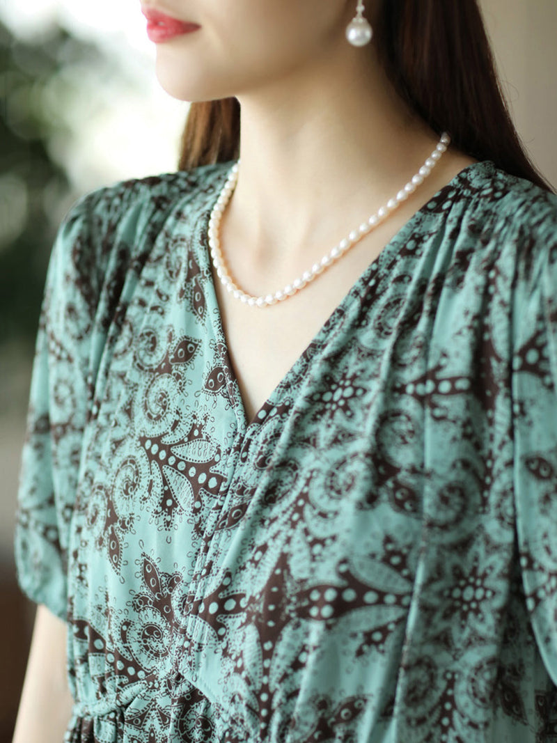 Summer Artsy Flower V-neck High Waist Dress
