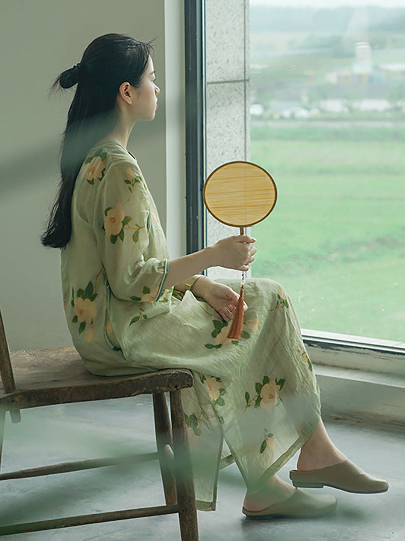 Artsy Flower Print Button Linen Robe Dress