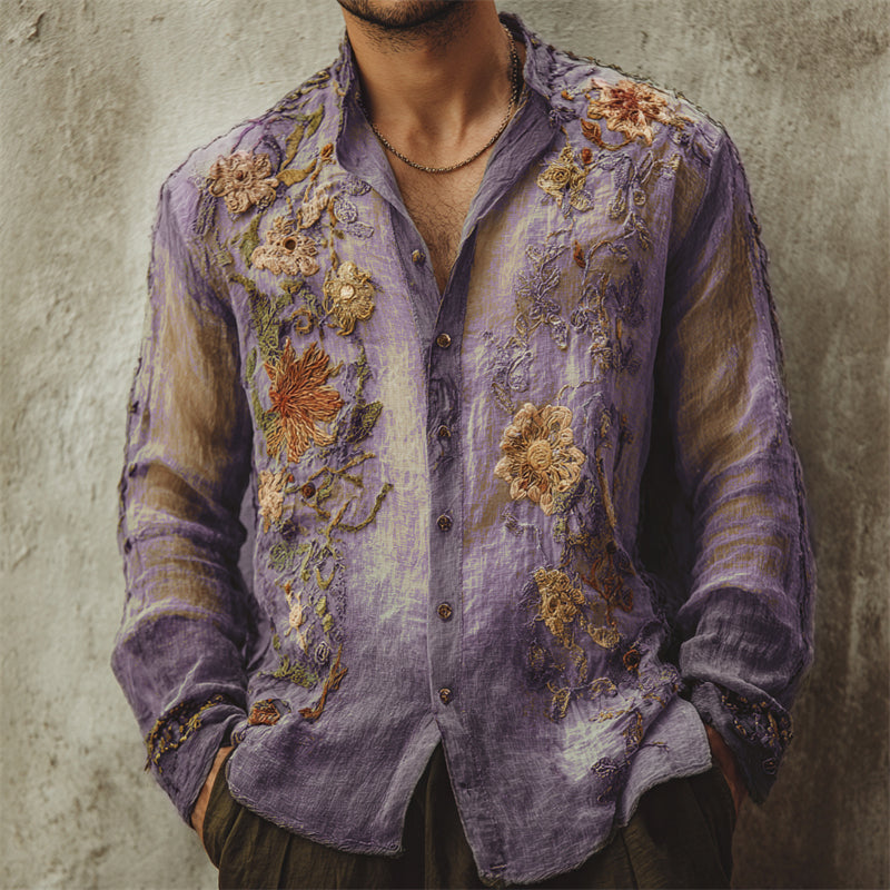 Men's Vintage Boho Floral Embroidered Flowy Linen Shirt artswardrobe