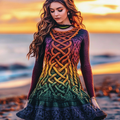 Women's Irish Rainbow Pattern Jacquard Comfortable Round Neck Swing Dress elevenforest