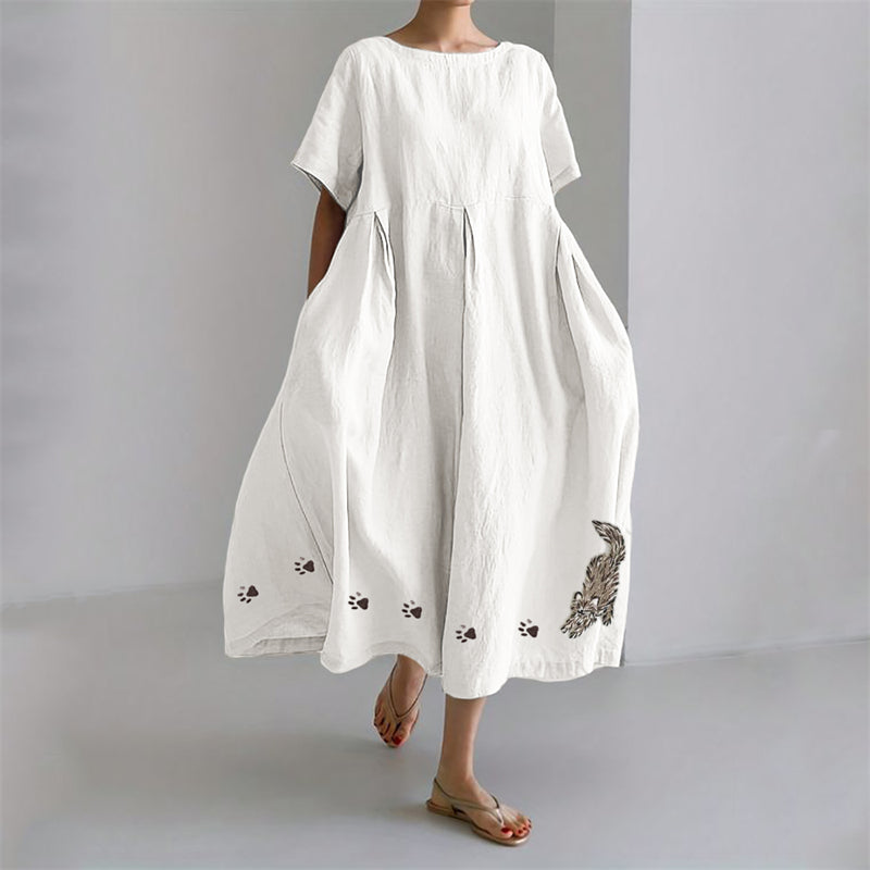 Stretching Cat & Paw Prints Embroidered Linen Blend Maxi Dress elevenforest