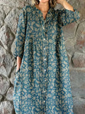 Women's Elegant Vintage Floral Pattern Shirt Style Cotton and Linen Dr