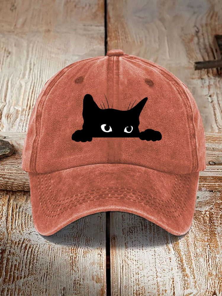 Comstylish Unisex Washed Cotton Bend Casual Black Cat Print Hat