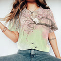 Vintage Japanese Art Floral Cat Round Neck Casual T-Shirt elevenforest