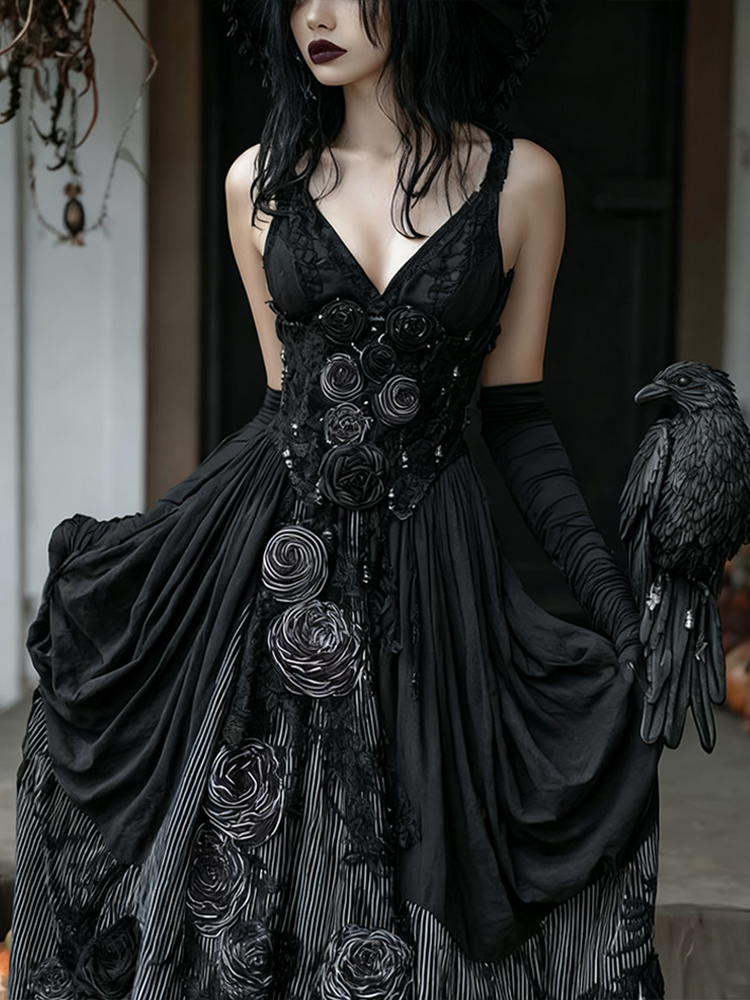Comstylish Halloween Dark Crow Witch Design Women Cotton And Linen Dress