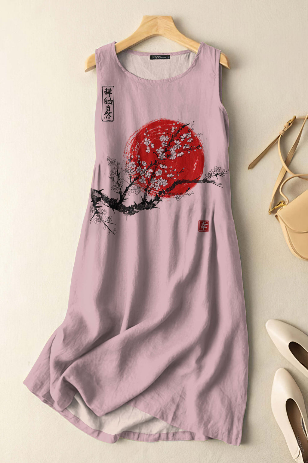 Comstylish Vintage Japanese Ink Flower Sunrise Art Print Sleeveless Cotton And Linen Midi Dress