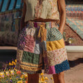 Countryside Style Collection Classy Patchwork Floral Pattern Art Linen Shorts artswardrobe
