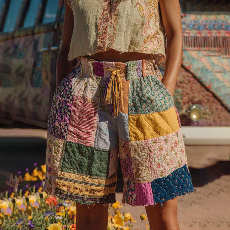 Countryside Style Collection Classy Patchwork Floral Pattern Art Linen Shorts artswardrobe